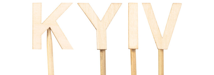 Kyiv, capital of Ukraine, illustrated with firm wooden letters on a white background, strong and symbolic image, adaptable to current or historical contexts