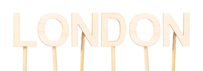 London, capital of United Kingdom with light wooden letters. Concept of capital cities of the world