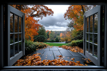 open window with autumn forest view