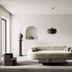 Elegant living room with sculptural decor and soft light. 3D illustration