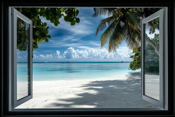 open window with tropical beach and sand view