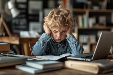 stressed boy studying with laptop and books
