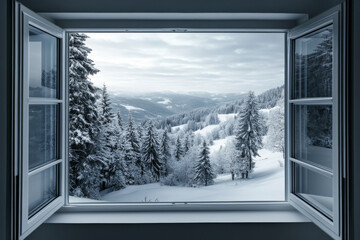 open window with winter forest view with copy space