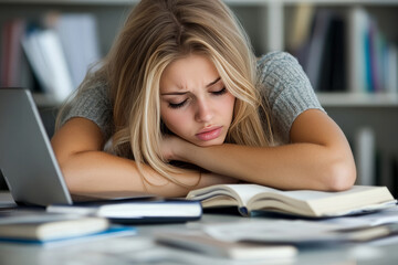 tired female studying with laptop and books