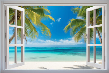 open white window with view on sea and palm with copy space