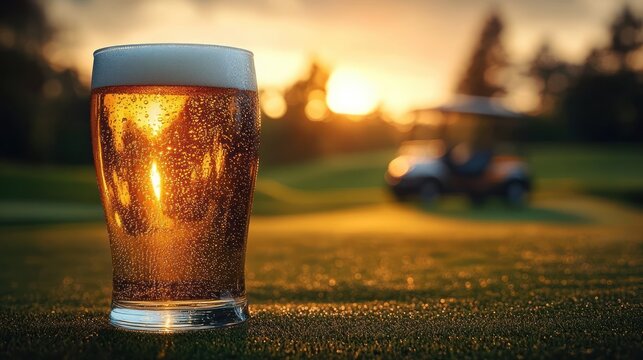 Glass of amber beer with condensation on the surface placed on grass with a blurred golf cart and trees against a warm sunset background
