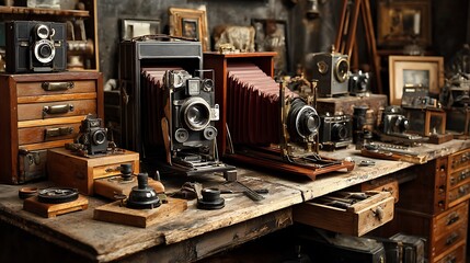 An intricately set up vintage camera collection and photography studio, Antique cameras and darkroom equipment for nostalgic photography, Retro photography style See Less .