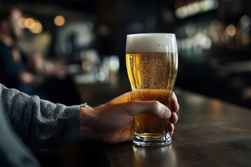 glass of beer in male hand in the pub with copy space for text