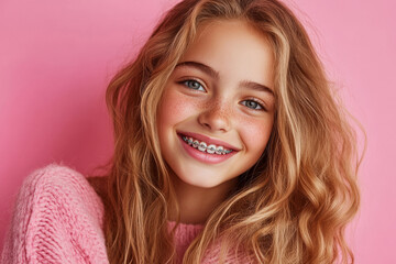 teenage girl with braces on the teeth on pink background
