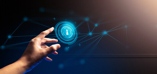 hand of businessman interactive touching a holographic of transaction financial network data...