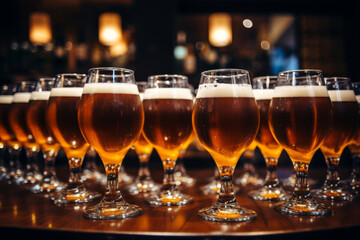 many glasses of beer on wooden table with copy space