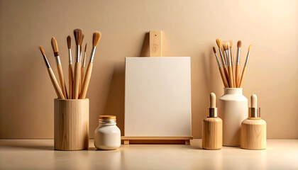 Artist easel with paint brushes and bottles art studio background