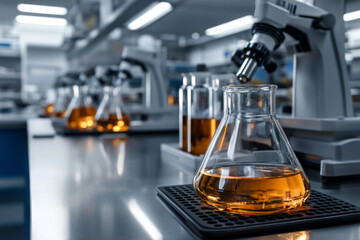 glasswares with chemicals in modern laboratory with copy space