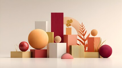 Minimalist and Modern 3D Autumn Composition with Warm Earth Tones, Geometric Shapes, and Seasonal Foliage – Perfect for Elegant Presentations and Branding.