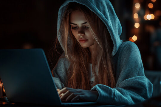 female hacker in a hoodie using a laptop on the dark background