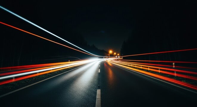 Long exposure shot of a road at night with light trails from passing cars and street lamps above - Powered by Adobe