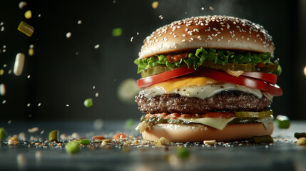 hamburger with lots of ingredients with copy space