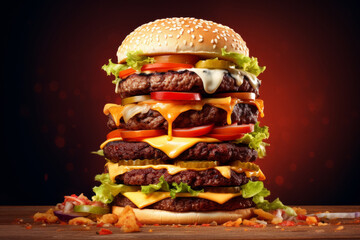big hamburger with many burgers on the bright studio background