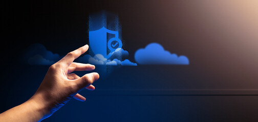 hand of businessman interactive touching a holographic of transaction financial network data...