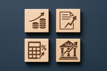 Financial icons including tax document, bank building, and stock market coins representing the interaction between taxation, financial institutions, and investment performance in a modern economy