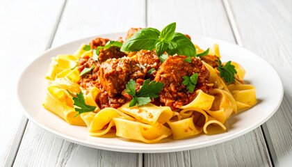 Delicious pasta with meat sauce and basil on a white plate food