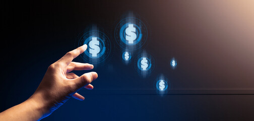 hand of businessman interactive touching a holographic of transaction financial network data...