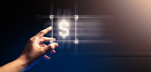 hand of businessman interactive touching a holographic of transaction financial network data...
