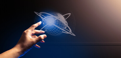 hand of businessman interactive touching a holographic of transaction financial network data...