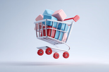 3D floating shopping cart icon in minimal modern style on white background isolated