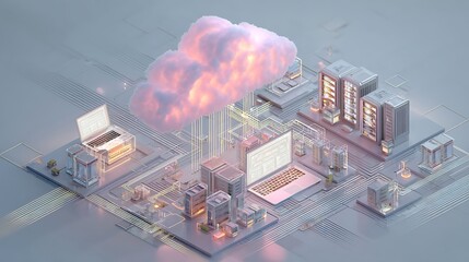 Cloud technology, computing. Devices connected to digital storage in the data center via the Internet, IOT, Smart Home Communication laptop, tablet, phone home devices with an .