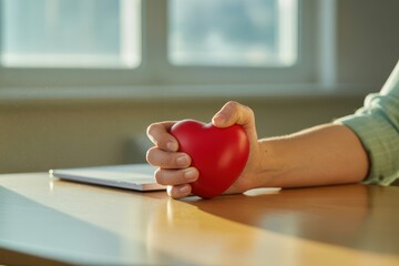 Anger management technique concept. A hand holding a red heart-shaped stress ball on a table near a tablet.