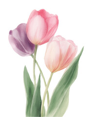Fototapeta premium Delicate watercolor tulips in hues of pink and purple, transparent background, with generous space around the high-definition illustration. 