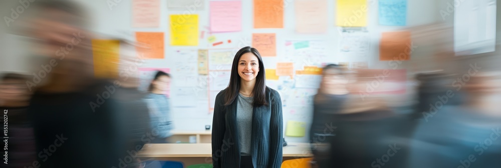 Poster young smiling female teacher standing in a classroom with many students moving around, creating a mo