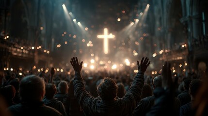 Crowd worships in a grand cathedral during an evening service with glowing cross