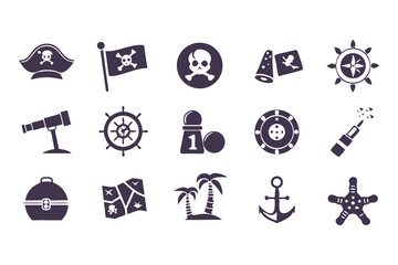 Set of Pirate and Nautical Icons. Black Silhouettes Including Ships, Anchors, Flags, Treasure, and Island Elements Vector Illustration on White Background.