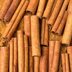 Close-up Overhead View of Cinnamon Sticks and Powder, Culinary Spice, Spicy Fragrance Notes