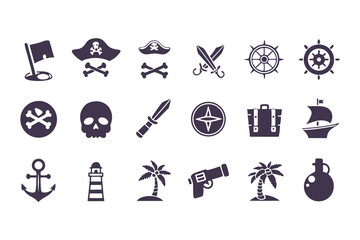 Set of Pirate and Nautical Icons. Black Silhouettes Including Ships, Anchors, Flags, Treasure, and Island Elements Vector Illustration on White Background.