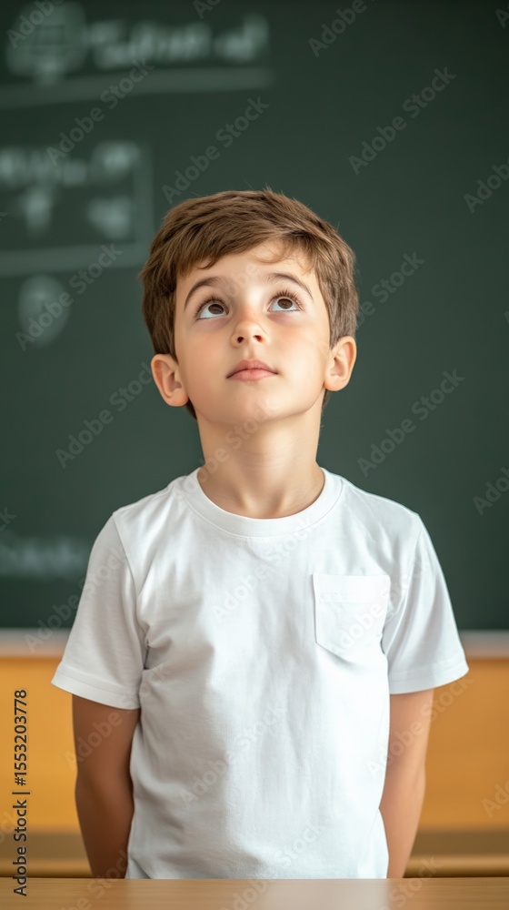 Poster Elementary school student gazing up at the blackboard with curiosity during a lesson, focusing intently on the information being shared by the teacher. Engaging in learning and development