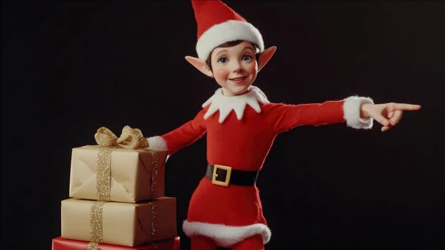 Elfin doll in Santa Claus outfit holding gifts, holiday scene with festive attire and traditional christmas present.