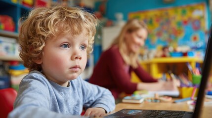 Preschool child in colorful room attending digital class with mom nearby.