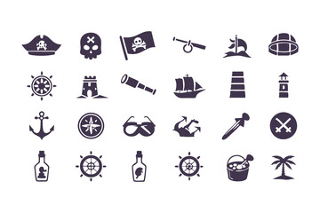 Set of Pirate and Nautical Icons. Black Silhouettes Including Ships, Anchors, Flags, Treasure, and Island Elements Vector Illustration on White Background.