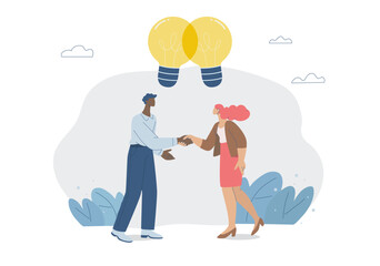Two businessmen shaking hands and share ideas, Collaboration between individuals or organizations to share ideas, Joint planning, Mutual agreement, Flat design vector illustration.