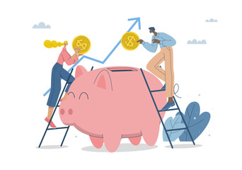Man and woman are depositing coins into pink piggy bank, Money saving concept, Money management business, Investment, Savings and financial growth, Flat design vector illustration.