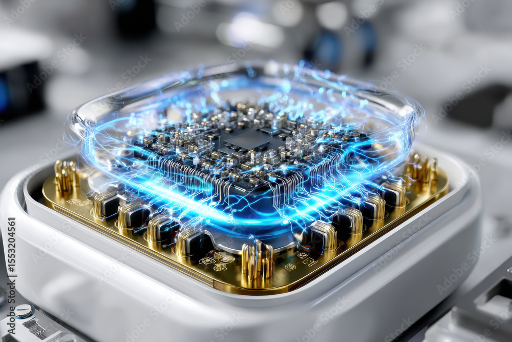 Poster advanced microchip design showcasing energy flow in a technology lab setting