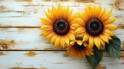 Three vibrant sunflowers with bright yellow petals and green leaves on a rustic light wooden background evoking warmth and natural beauty