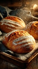 Freshly baked artisan bread on a wooden board with flour dust in warm light
