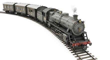 Vintage Steam Locomotive Pulling Passenger Cars on Tracks