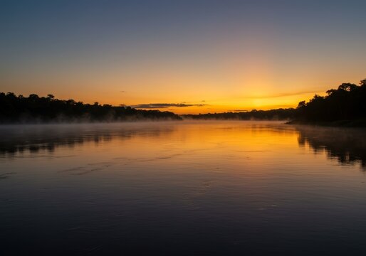 Nascer do sol no rio Amazonas com neblina matinal sobre a &aacute;gua