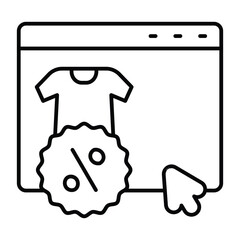 Website with shirt and discount thin line icon, black friday concept. Vector graphics. Product landing page and mouse cursor sign on white background, style mobile or design.