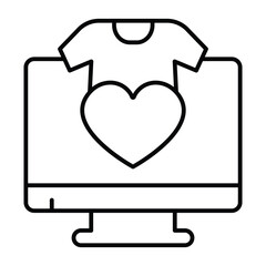 Monitor screen with heart and shirt thin line icon, black friday concept. Vector graphics. Favorite page, best clothes sale sign on white background, style mobile or design.